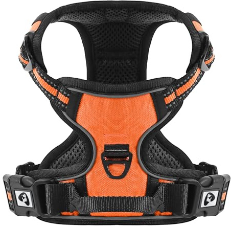 Belababy Dog Harness Small Medium Large No Pull, Adjustable Reflective Front Clip Dog Harness with Easy Control Handle, 2 Metal Rings for Training or Walking, Orange L