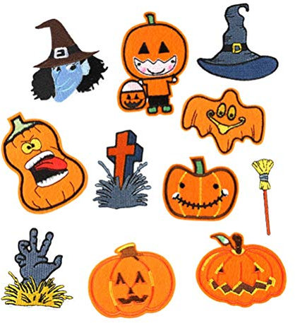 11 Stück Halloween Patch Aufkleber Kürbis Aufnäher Applikation Totenkopf Aufbügler Patches für DIY