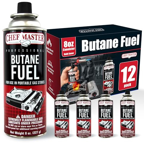 Chef Master 12x 8oz Butane Fuel Canister - Butane Canister for Kitchen Torch & Camp Stove - Gas for Picnics, Outdoor Cooking, Grilling - Camping Fuel Canister, Torch Fuel Camping Essentials - 90340