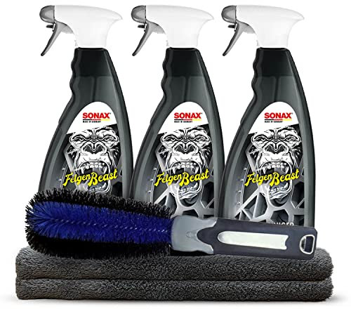 Shiny Freaks Felgenreinigungs Set: Sonax FelgenBeast (3x1L) Felgen Reiniger für alle Stahl & Alufelgen + ChemicalWorkz Premium Mikrofasertuch 500GSM + K2 Felgenbürste | 6-teiliges Autopflege Sparset