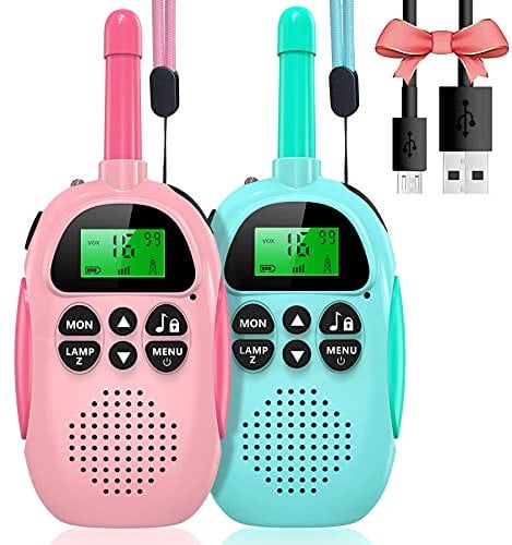 Uleway Talkie Walkie Rechargeable Longue Portée,Jeux Exterieur Jouet pour Enfants, 16 Canaux, avec Écran LCD Rétro-Éclairé Fonction VOX,Torche,Cadeau pour Filles Garçons de 3 à 12 Ans (Bleu et Rose)