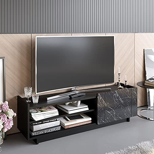 Hanah Home Stylish TV Stand with Wall-Mount Option, Black & Marble, 140 cm | 100% Melamine Coated Particle Board, 18 mm Thick | Multiple Shelves for Modern Living Rooms