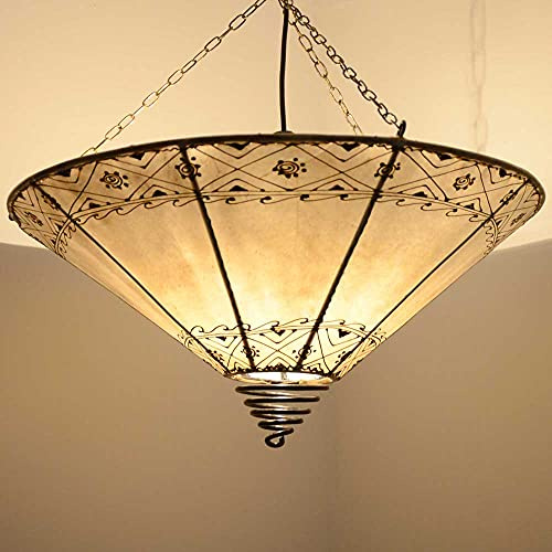 Orientalische Lampe Pendelleuchte Hängeleuchte Kegel Natur Weiß 50x45 cm (DxH) Marokkanische Hennalampe Lederlampe Hängend über den Tisch Deckenlampe Lederleuchte Leuchte mit Henna ECHTEM Leder 210224