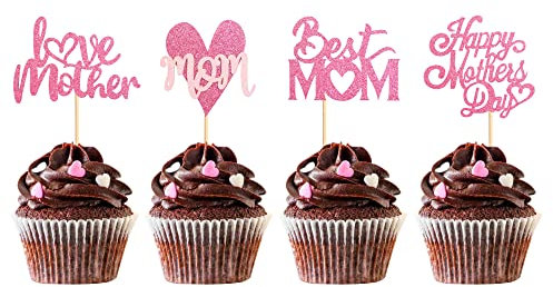 Blumomon 36 Packung Glitzer Happy Mothers Day Cupcake Topper Mom Cupcake Picks Kuchendekoration Partyzubehör für Muttertagsparty Cupcake Dekorationen