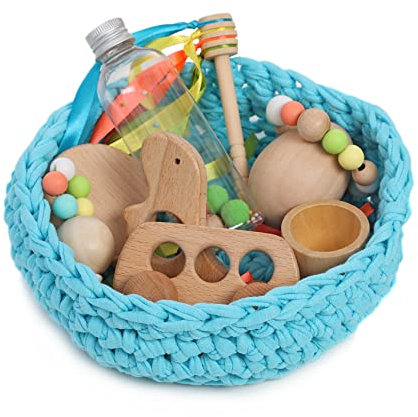Cesto tesoros bebé. Cesto sensorial bebé. Juego estimulación sensorial Montessori para bebés entre 4 y 18 meses. ¡Más que un juego para el aprendizaje de tu bebé! COLOR AQUA