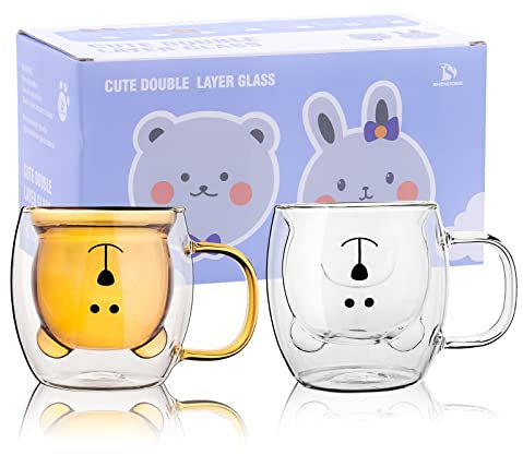 SHENDONG Set di 2 tazze da caffè con orsetto carino con manico da 241 ml, in vetro isolante a doppia parete, regalo per compleanno, San Valentino e ufficio (confezione da 2, colore: marrone)
