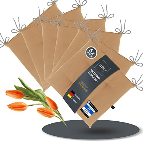 LILENO HOME 6er Set Stuhlkissen Caramell (40x40x4,5 cm) - Sitzkissen für Gartenstuhl, Küche oder Esszimmerstuhl - UV-beständige Indoor u. Outdoor Stuhlauflage als Stuhl Kissen (Laura FUM)