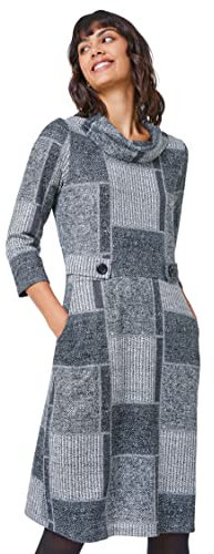 Roman Originals Cowl Neck Dress for Women UK - Ladies Button Detail Shift Work Office Autumn Winter Knee Length Casual 3/4 Full Length Sleeve Round High Warm Neckline - Light Charcoal - Size 12
