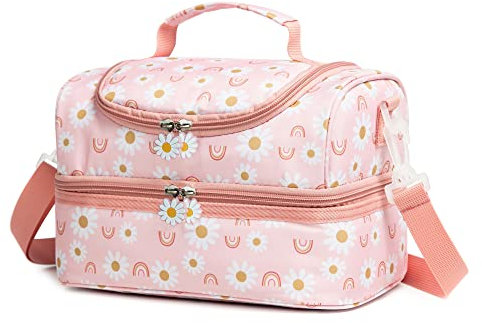 Life on track Insulated Kids Dual Compartment Lunch Bags Tote for Girls Boys Toddler Lunch Boxes Pre-School Toddler Kindergarten Elementary Picnic Food Cooler Thermal with Strap (Rainbow Daisies)