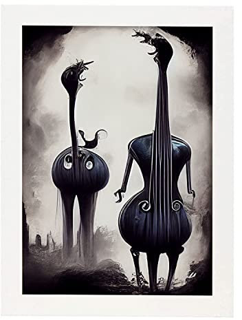 Nacnic Kontrabass im T. Burton Stil. Illustrationen von Jobs und Berufen, inspiriert von Burtons Dark und Goth Kunst. Innenarchitektur und Dekoration. A4 weißer Rahmen.