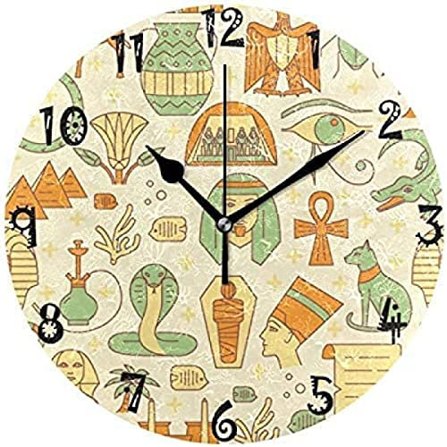 Horloge Murale Art Egypte Ancien Motif Circulaire Horloge Murale Assiette Ronde Silencieux Non Ticking Horloge pour Cuisine Chambre à Domicile Bureau École Enfant Garçons Filles Horloge