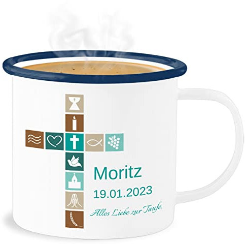 Emaille Becher Blechbecher - Geschenk Taufe I Konfirmation Geschenk Firmung - 300 ml - Weiß Blau - tasse geschirr taufgeschenke taufe￼ tassen kinder personalisierte taufgeschenk zur kommunion