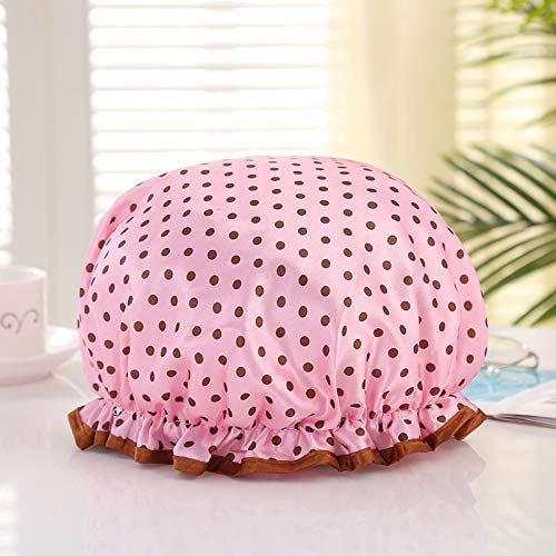 Women Shower Cap Reusable Bath Cap, Double Thickening Waterproof Hair Caps Shower Cap for Home Use, Hotel, Spa, and Hair Salon (Pink with Brown Dots)