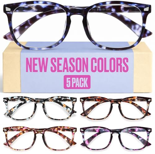 CCVOO +1.5 Ladies Reading Glasses for Women Clear Vision – 5-Pack Blue Light Filtering Readers with Spring Hinges