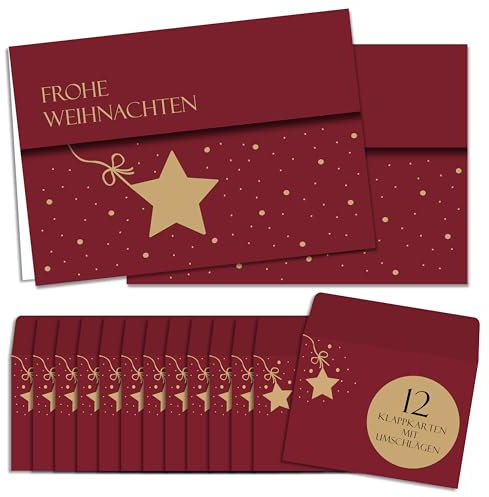 BIROYAL Weihnachtskarten mit Umschlag Set (12 Stück) | Weihnachtssterne Klappkarten | Coole Weihnachtskarte Weihnachtspostkarten Christmas Postkarte mit Umschlägen für deine Weihnachtsgrüße