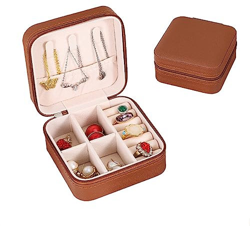 Wambere Kleine Schmuckkästchen für Damen,Schmuckschatulle Reise Tragbarer Reise Schmuckbox Mini Schmuckaufbewahrung für Ringe Ohrringe Halskette Armbänder Schmuck Geschenk für Frauen Mädchen,Braun