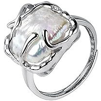 IMINI Baroque Pearl Ring for Women 925 Sterling Silver Irregular Pearl Silver Ring Fashion Adjustable Open Wedding Statement Ring Suitable for Lady Girl's Daily Birthday Valentine's Day Jewelry Gift