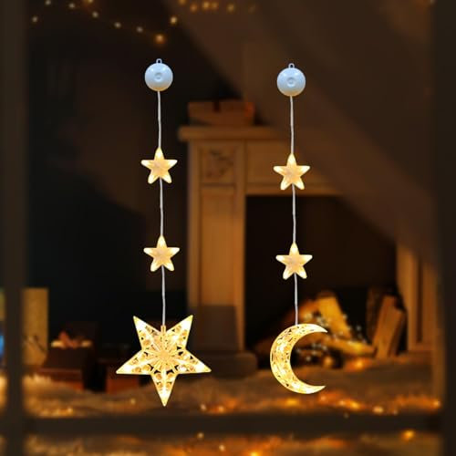 ACAREY Weihnachtsdeko Sterne Lichterkette, LED Weihnachtsbeleuchtung Stern Weihnachtsdeko Fenster Batteriebetriebene mit Saugnäpfe, Warmweiß Weihnachtsstern Innen für Weihnachten Deko (Stern +Mond)