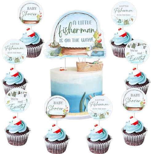 kreat4joy Fishing Baby Shower Decorations, 13pcs Little Fisherman Decorations, A Little Fisherman Is On the Way Cake Cupcake Toppers Double-Sided for Gone Fishing Baby Shower Table Decorations