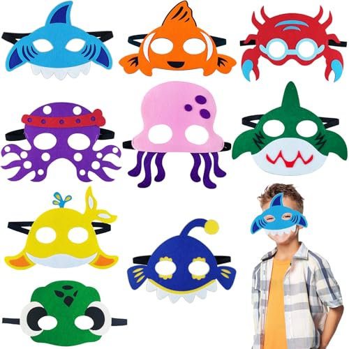 LUKIUP 9 Stück Ozeantiere Filz Masken, Kinder Party Masken, Filz Meerestier Masken mit elastischem Seil für Kindergeburtstag Maskerade Themenparty, Cosplay Party Masken