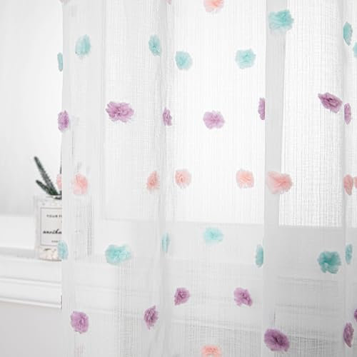 MYSKY HOME Gardinen mit Ösen Vorhang Kinderzimmer Voile Vorhänge Modern für Kinderzimmer Bunt Gardine Sticken Halbtransparent Raumteiler Schiebevorhang Wohnzimmer 2er Set Farbig H 260 x B 140 cm