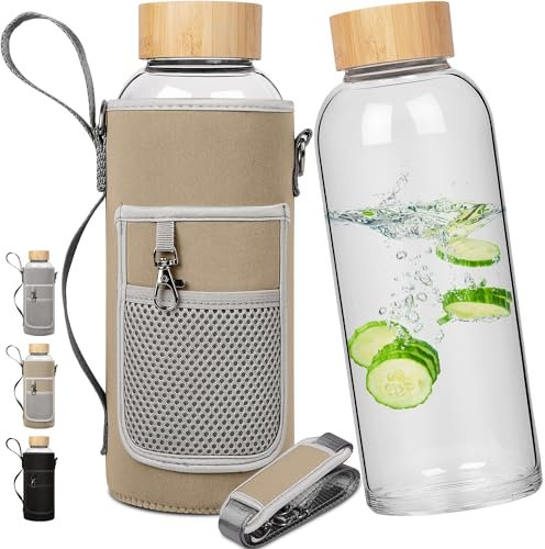 Ferexer Botella de Agua de Cristal con Tapa de bambú Funda de Neopreno 1500 ml, 1,5 L