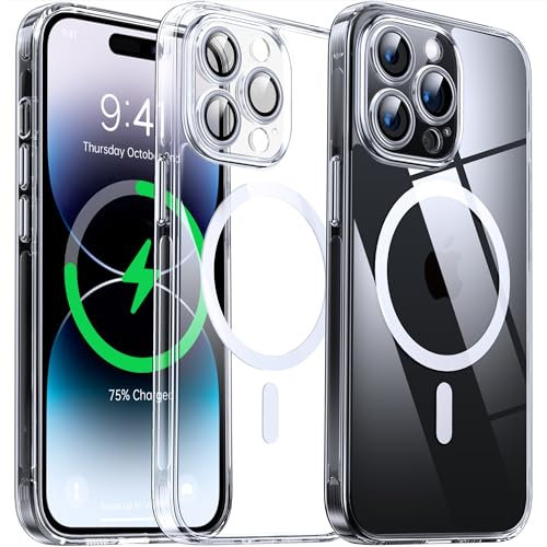 Flyzoo Magnetisch Hybrid Clear Hülle für iPhone 14 Pro - [Kompatibel mit MagSafe] [Eingebaute Kameraschutz Folie] Hart Durchsichtig Handyhülle Stoßfeste Transparente mit Silikon Schutzhülle,6,1,Clear