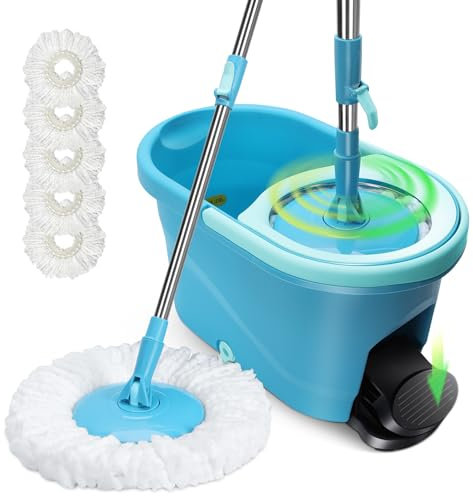 Seau Essoreur, Masthome Balai à Frange et Seau à Pédale, Seau Serpillere avec Tête de Mop Rotative à 360, Balai avec 5 Serpillères Réutilisables en Microfibre, pour Nettoyage Sols