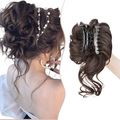 Claw Messy Bun Hairpieces Wavy Curly 75G Thick Hair Chignon Tousled Updo Doughnut Hair Bun Synthetic Ponytail, Dark Brown