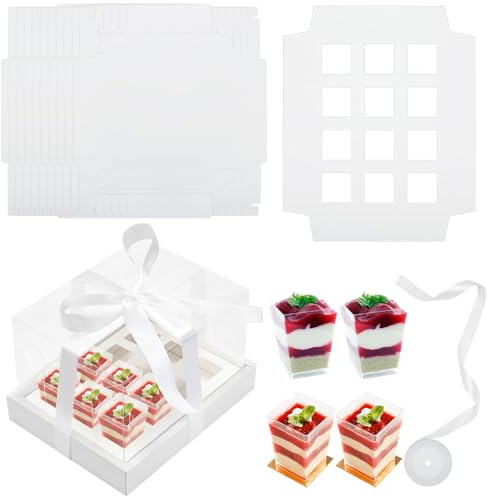 Kritkin 10 Sets quadratische Dessert-Shooter-Tassen-Transportboxen mit Fensterband, 12 Stück, 85 ml, Dessertträger, Cupcake-Transportbehälter, Boxen für Geburtstag, Urlaub, Party, Bäckereibedarf