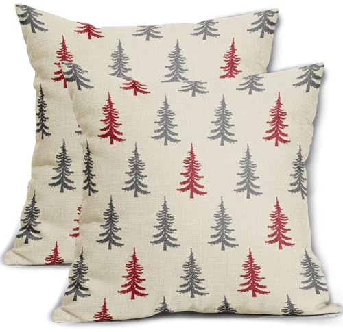 Christmas Tree Pillow Covers 18x18 Set of 2 Grey Gray Red Xmas Rustic Style Winter Print Decorative Outdoor Pillowcases Farmhouse Vintage Holiday Decorations Throw Cushion Case Couch Sofa Bed Decor