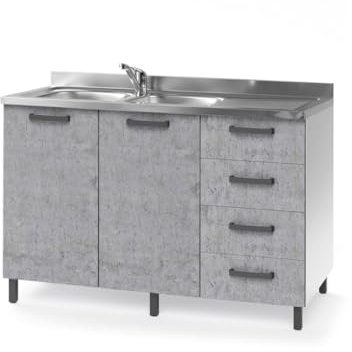 Linea Azzurra Sottolavello 120 Solo Mobile Cucina con 4 Cassetti e 2 Ante in Legno Made in Italy H85xL120xP50 cm Facile da Montare (Vasca a Sinistra, Cemento)