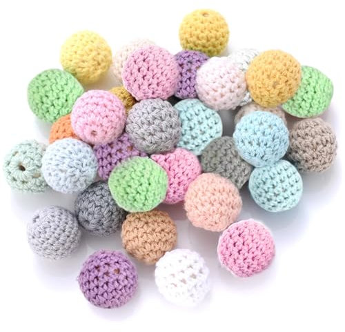 Jortmrd 28 Stück Häkelperlen 16mm Gehäkelt Holzperlen zum Auffädeln Bunte Garn Holzkugeln mit Fädellöchern Handgefertigt Crocheted Wooden Beads für DIY Halskette Armband Schmuck Basteln