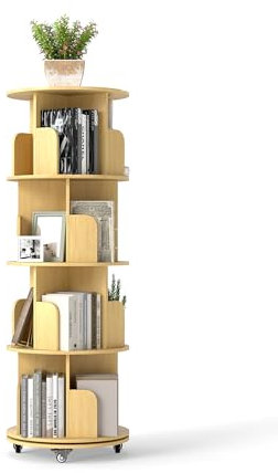 yeshine 4-Tier 360° Removable Rotating Bookshelf, Revolving bookcase with Casters, Book Storage, Book Display Shelf, Floor standing Book Shelf for Living Room, Bedroom, Office