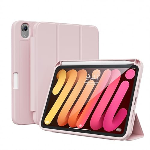 ZKTUYU Hülle für iPad mini (A17 Pro, 2024 Modell, 7. Generation) / Mini 6 (2021 Modell, 6. Generation) mit Stifthalter, Dünne Tablet Schutzhülle mit Weicher TPU Rückseite, Rosa