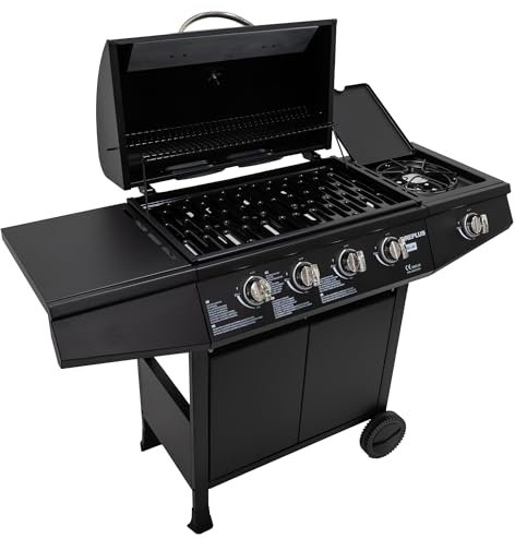 Amig - Barbacoa de gas Fireplus 4+1 de 9,3 kW - Acero inoxidable Negro - Parrilla con ruedas Modelo GRILL-4F - Barbacoa XXL con carro y termómetro - 126x52x103 cm - 5 quemadores y Bandeja lateral