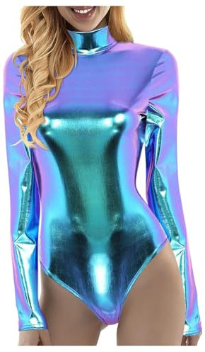 Generisch Damen Ballettanzug Glänzende Langarm Body Wetlook Ballett Trikot Gymnastikanzug Turnanzug Metallic Einteiler Lack Leder Bodysuit Overall Leotard Top Kostüme Metallic Wetlook Einteiler