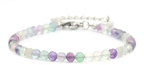 Echtes Regenbogenfluorit Edelstein Armband mit facettierten 4mm Perlen - Länge verstellbar - Heilstein Schutzstein Edelsteinarmband Glücksbringer Talisman Geschenk (Fluorit, 16-21CM S)