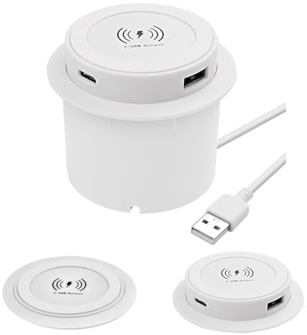 Tischsteckdose Versenkbar Einbausteckdose mit Kabellosem Ladegerät Weiß | 3-in-1 Wireless Charger Einbau Unsichtbar, Einbausteckdose mit USB und Type-C, für Nachttisch, Schreibtische