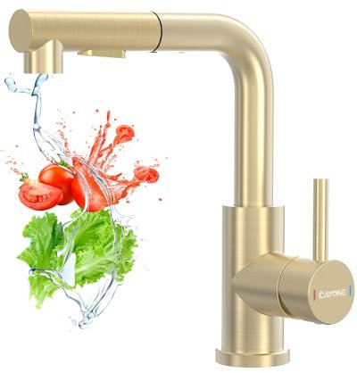 DAYONE Gebürstetes Gold Küchenarmatur mit Herausziehbarer Brause, SUS304 Edelstahl Hochdruck Wasserhahn Küche, Küchenmischbatterie mit Zwei Sprühfunktionen, 360° Schwenkbare Mischbatterie