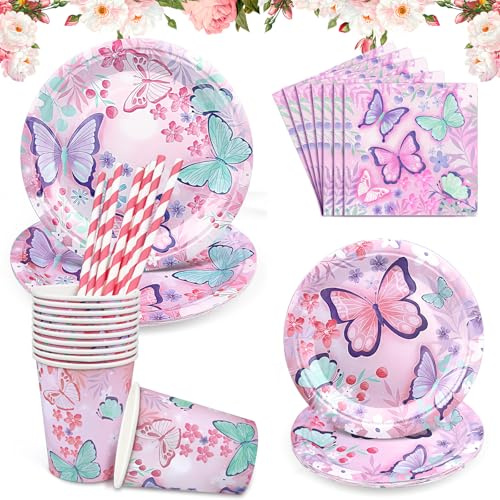 Lot de 60 assiettes de fête au motif de dinosaures, en carton, pour 10 invités, décoration d'anniversaire (papillon, 60 pièces)
