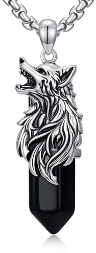 PDTJMTG Wolf Anhänger aus 925er Silber, schwarzem Obsidian, vikingerartiger Wolfskopf-Anhänger Schmuck für Männer Vater Sohn