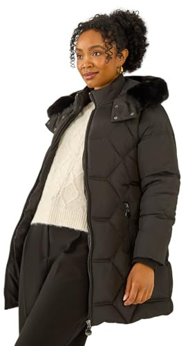 Roman Petite Hooded Quilted Puffer Coat for Women UK - Ladies Everyday Autumn Winter Round Neckline Comfy Soft Evening Vacation Work Party Night Out - Petite Black - Size 12