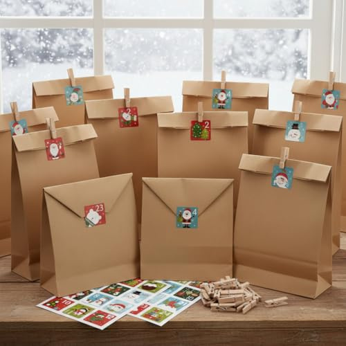 DIY Adventskalender Bastelset Weihnachten – 24 Kraftpapiertüten, Holzklammern & Sticker – Wiederverwendbarer Adventskalender zum Selbstbefüllen für Kinder & Erwachsene