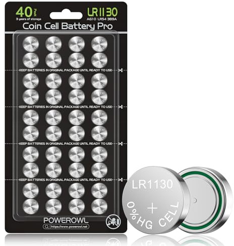 POWEROWL LR1130 AG10 Knopfzellen Batterien 40 Stück, SG10 389 189 Premium Alkaline Batterie, 1,5 V Knopfzelle Batterie