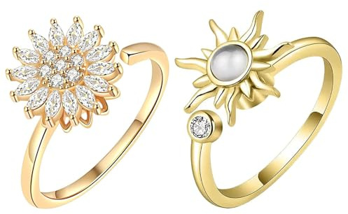 Aribliseza Anxiety Ring, 2 Stück Anti-Stress Ringe & Fidget Spinner Ring, Goldene Stressringe mit CZ Diamanten, Sonnenblume & Herz Bead Rings für Frauen zur Angstlinderung