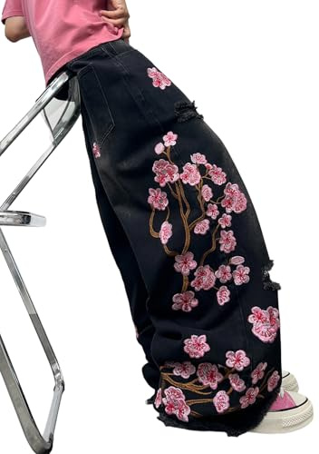 Zewool Herren Baggy Jeans Pflaumenblüten Stickerei weites Bein | Hip-Hop, Y2K-Look der 2000er Jahre, Skater-Streetwear, Jeansstoff, locker bequeme Passform, Skateboard geeignet, casual