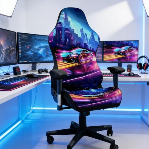 YancLife Blacklight Gaming Chair Cover - Printed Gaming Chair Slipcover, Stretchable Elastic Computer Seats Case, Washable Soft Chair Protector for Esports Chairs Office Studio Gamer Room Decor