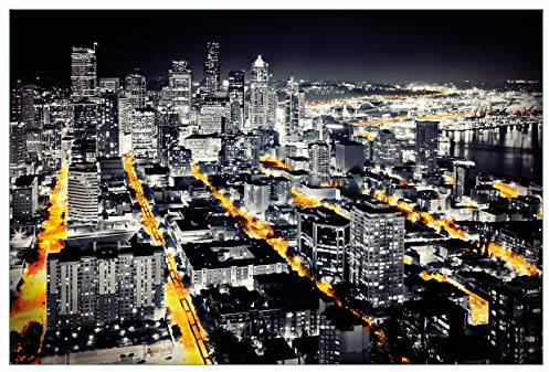 Wallario Küchenrückwand selbstklebend 90 x 60 cm, Motiv: Großstadt bei Nacht - Seattle in schwarz weiß gelb | Spritzschutz abwischbar & pflegeleicht