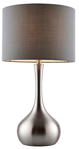 Satin Nickel Touch Dimmable Table Lamp with Dark Grey Fabric Shade